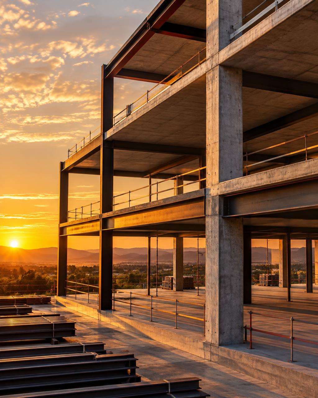 Orderly concrete and steel construction at sunset