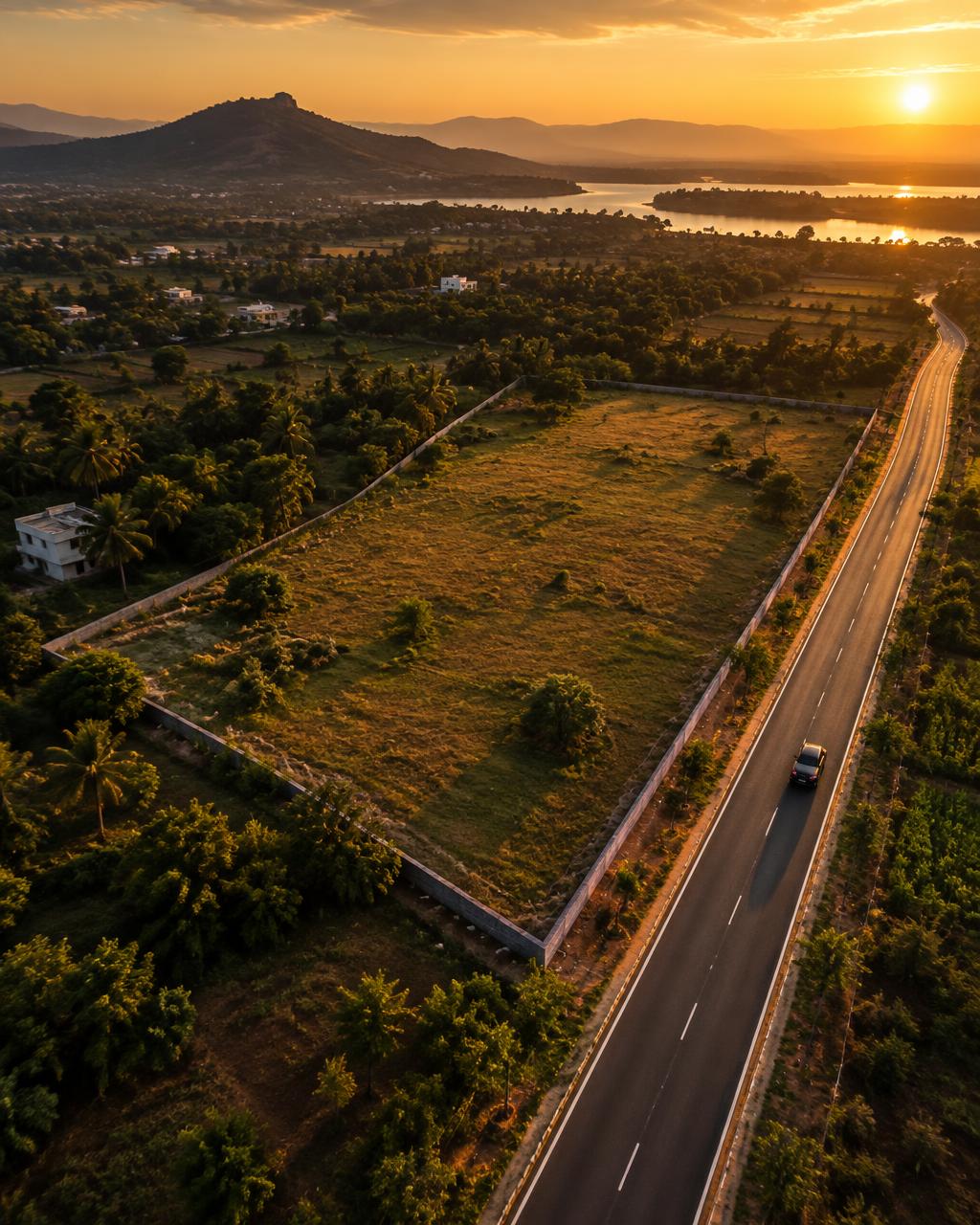 Land parcel beside a new road at golden hour