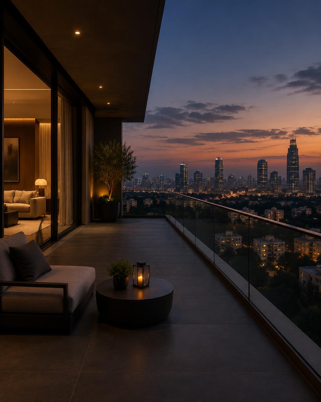 Luxury apartment terrace overlooking Bengaluru at twilight